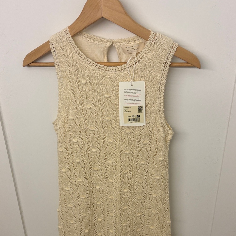 Sezane Cream Sleeveless Popcorn-Knit Midi Dress